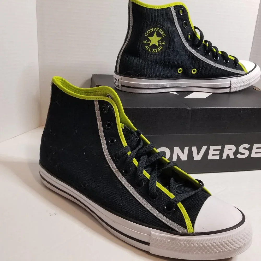 Converse Men’s High Top Sneakers Black with Lime Trim - Picture 3 of 16